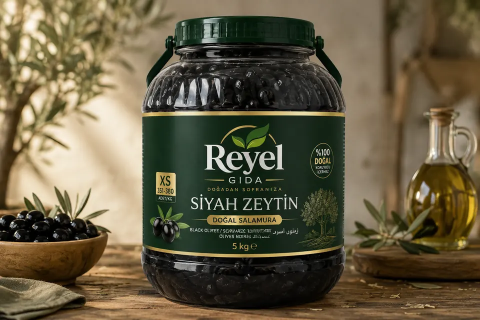 Reyel Gıda table composition with olives, olive oil and olive branches