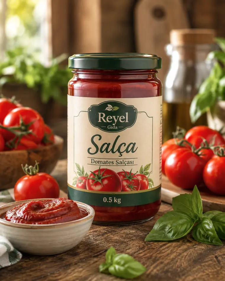 Reyel Gıda Tomato Paste 0.5 kg glass jar with tomatoes