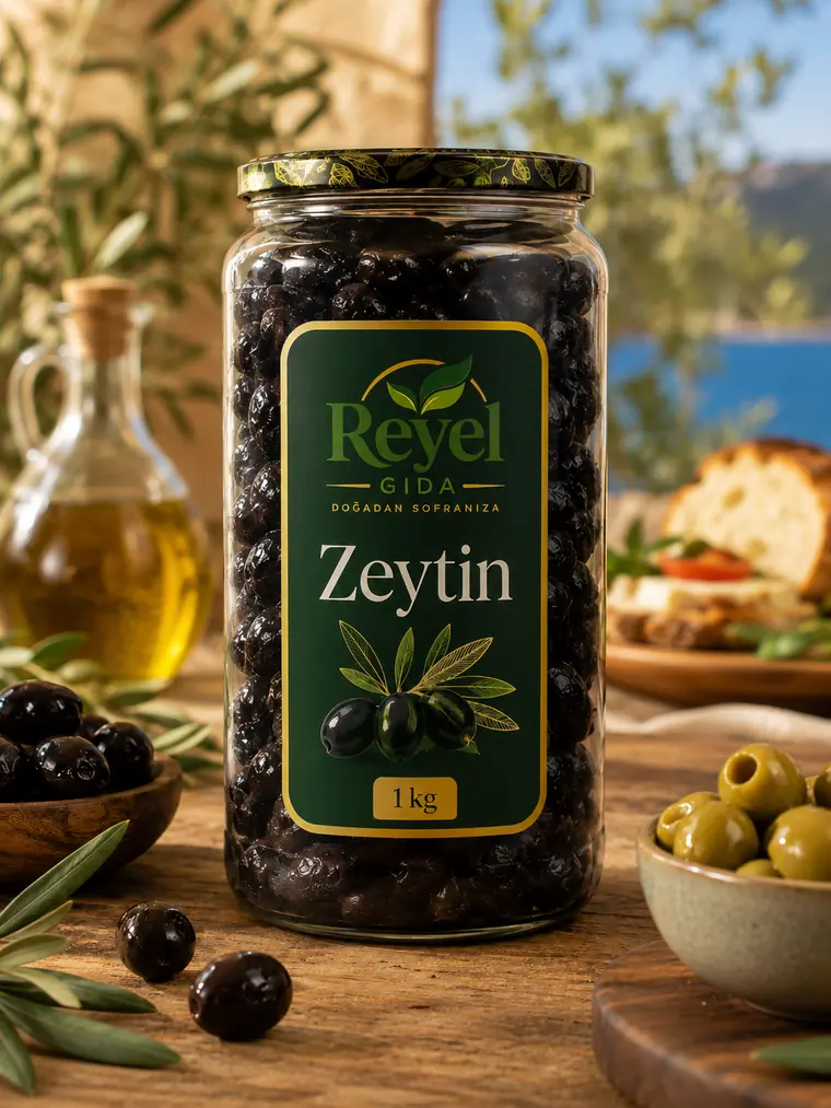 Reyel Gıda Olives 1 kg glass jar with a sea view