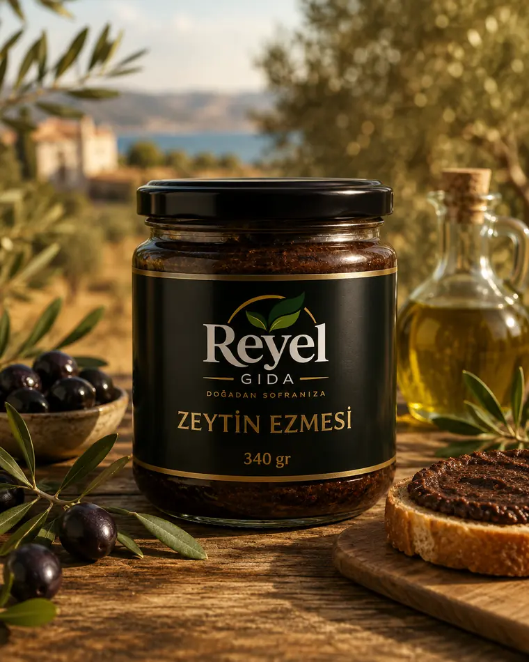 Reyel Gıda Olive Paste 340 g glass jar among olive trees