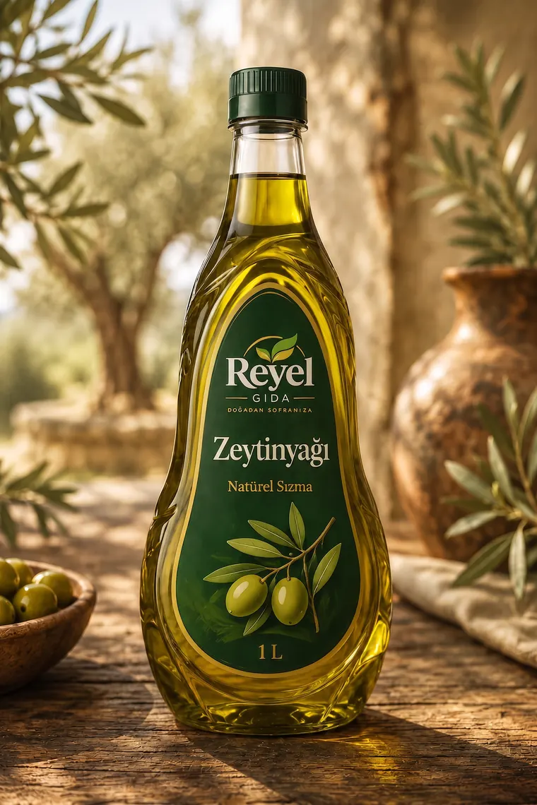 Reyel Gıda Olive Oil 1 L bottle among olive trees