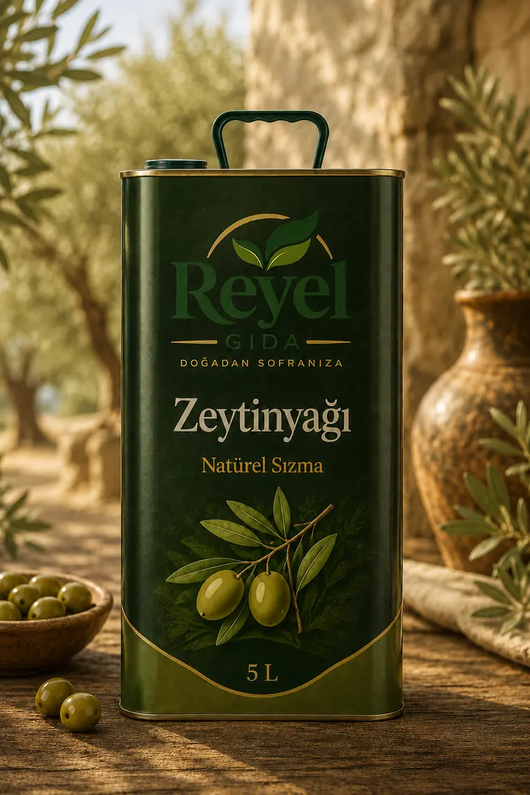 Reyel Gıda Olive Oil 5 L tin among olive trees